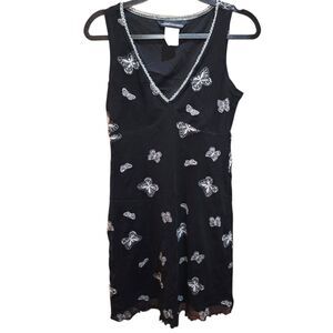 JONATHAN MARTIN Sz 7 Y2K Vintage Black Chiffon Butterfly Lettuce Hem Mini Dress